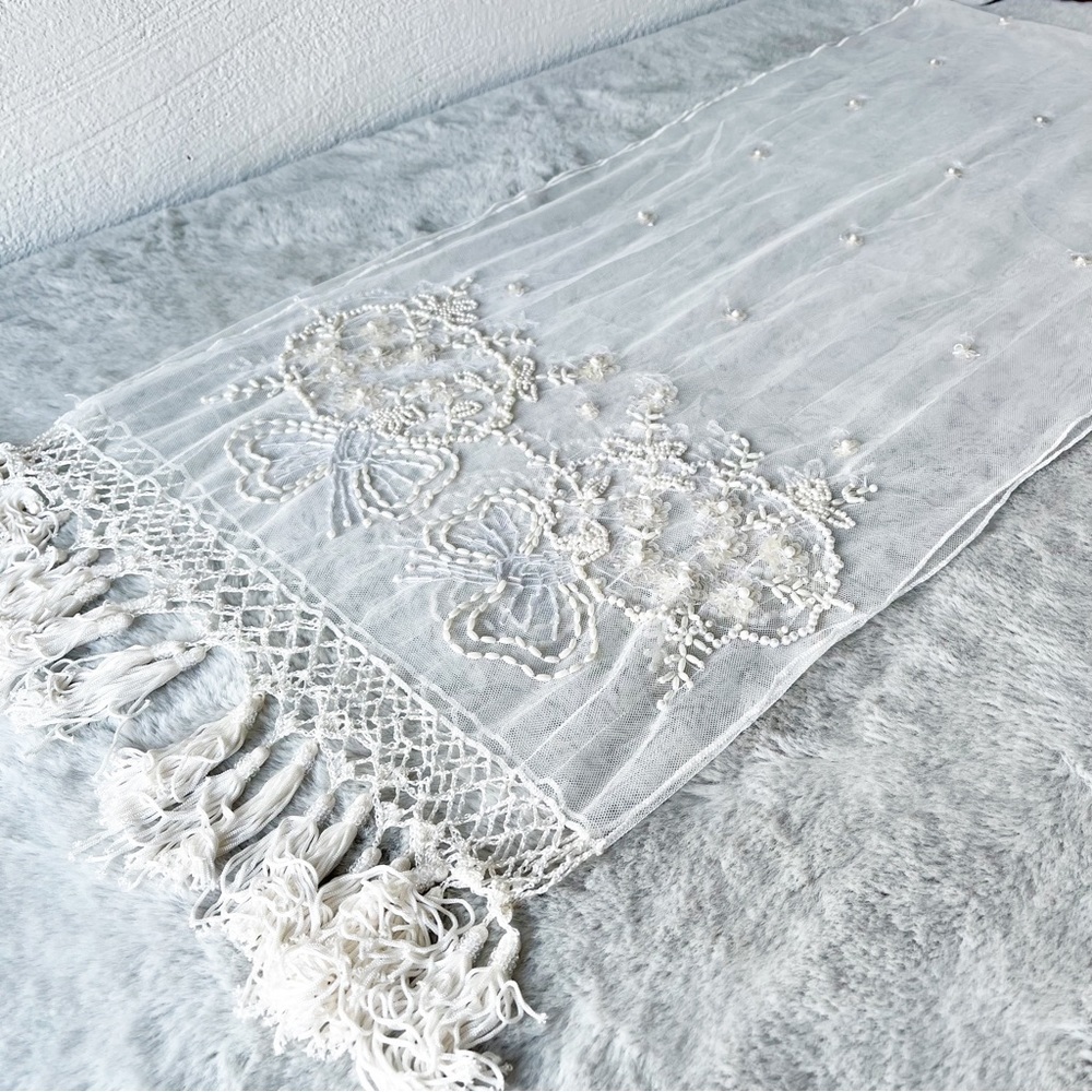 White Lace Embroidered Scarf with Fringe